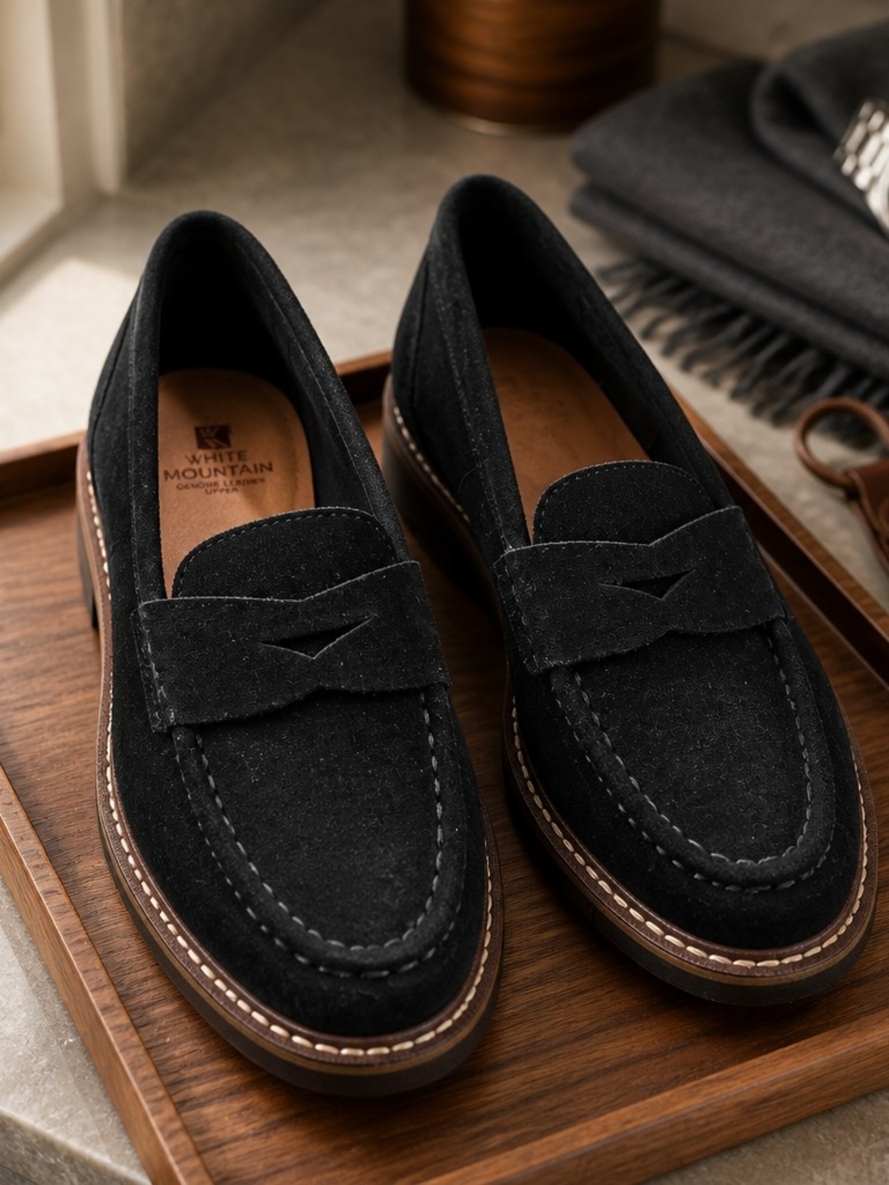 White Mountain Black Suede Penny Loafers